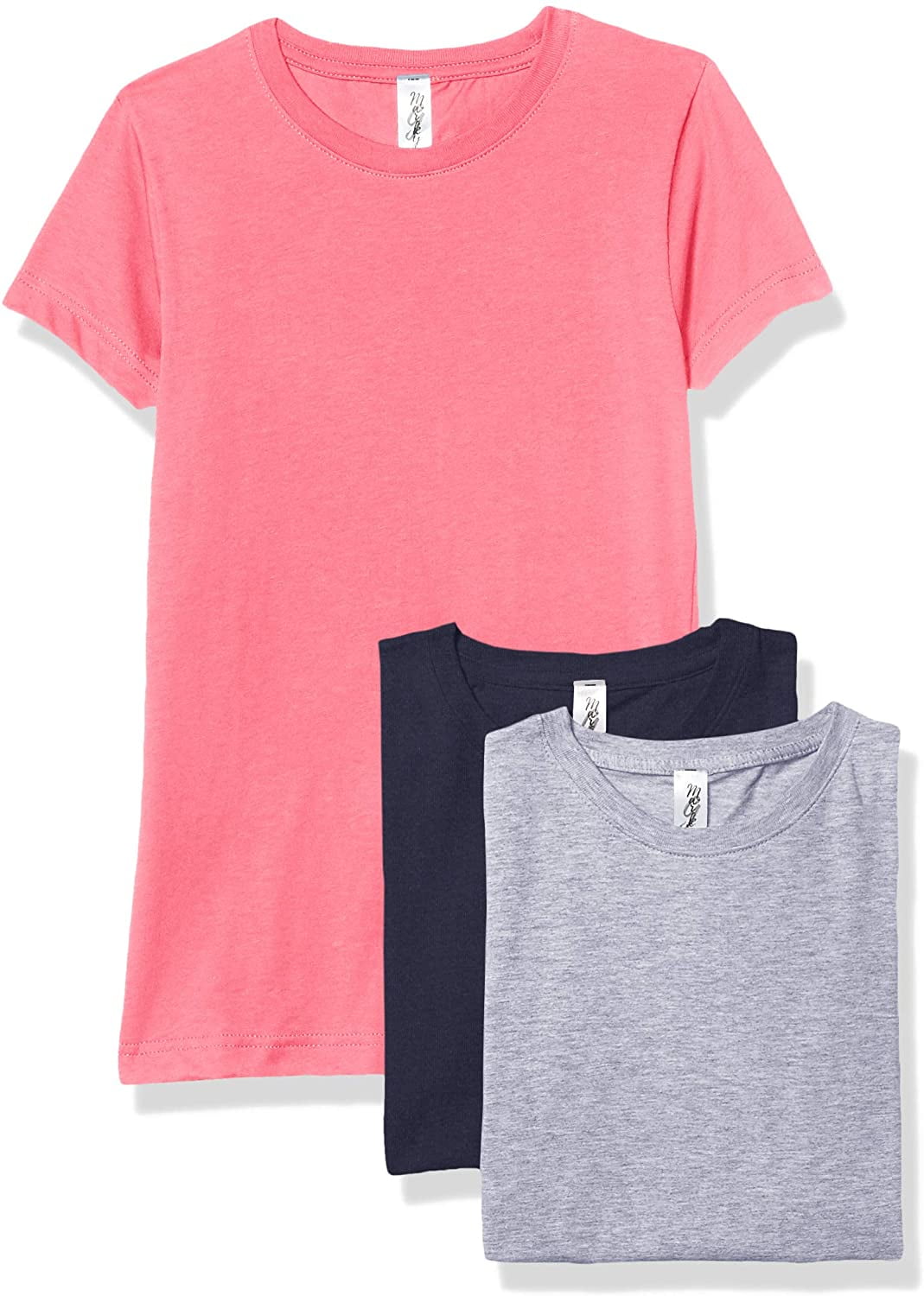 Marky G Apparel Girls' Short-Sleeve Crew Neck Slim-Fit T-Shirts 100% Cotton, S, Hot Pink/Navy/Heather(Pack of 3)