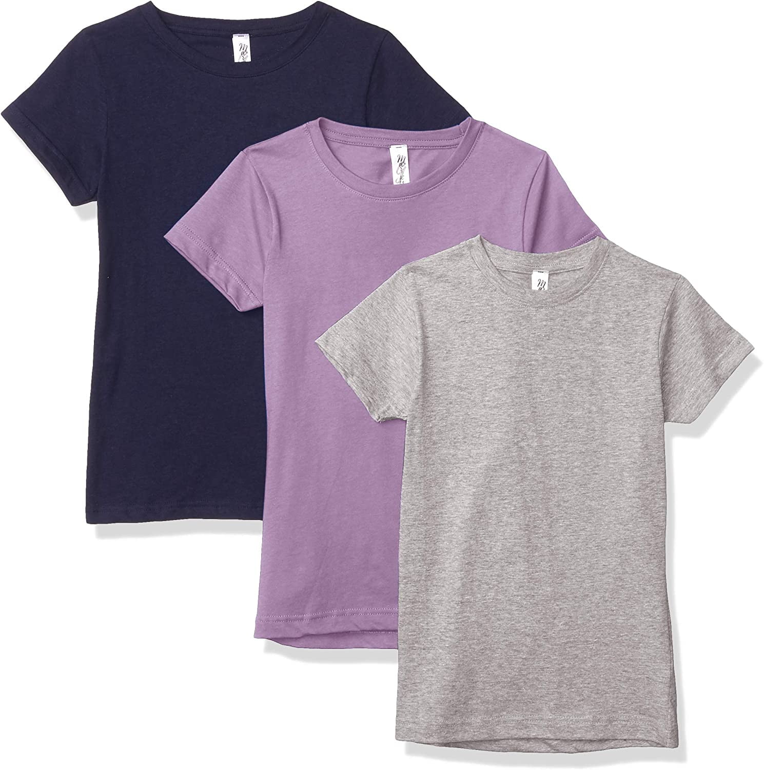Marky G Apparel Girls' Short-Sleeve Crew Neck Slim-Fit T-Shirts 100% Cotton, S, Lavender/Navy/Heather(Pack of 3)