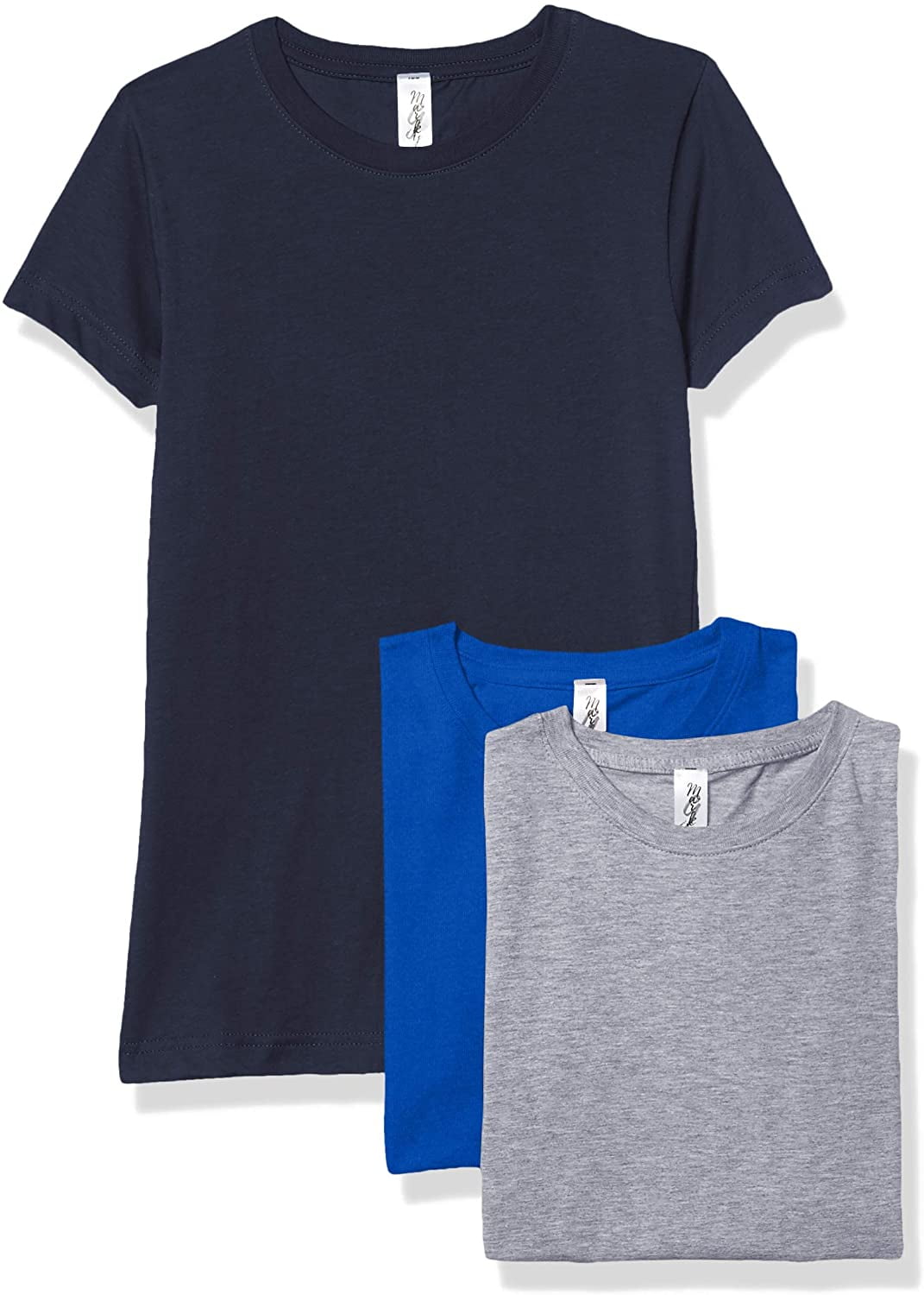 Marky G Apparel Girls' Short-Sleeve Crew Neck Slim-Fit T-Shirts 100% Cotton, S, Navy/Royal/Heather(Pack of 3)