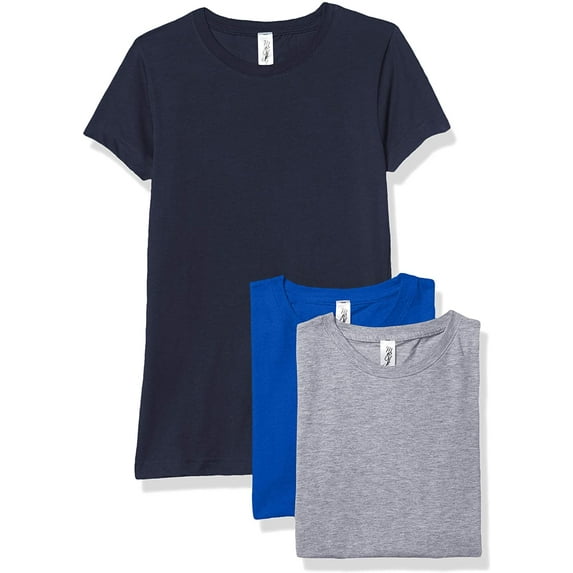 Marky G Apparel Girls' Short-Sleeve Crew Neck Slim-Fit T-Shirts 100% Cotton, S, Navy/Royal/Heather(Pack of 3)
