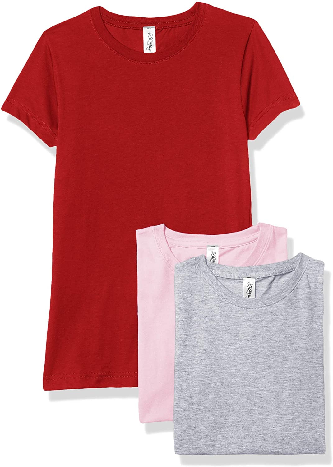 Marky G Apparel Girls' Short-Sleeve Crew Neck Slim-Fit T-Shirts 100% Cotton, S, Pink/Red/Heather(Pack of 3)