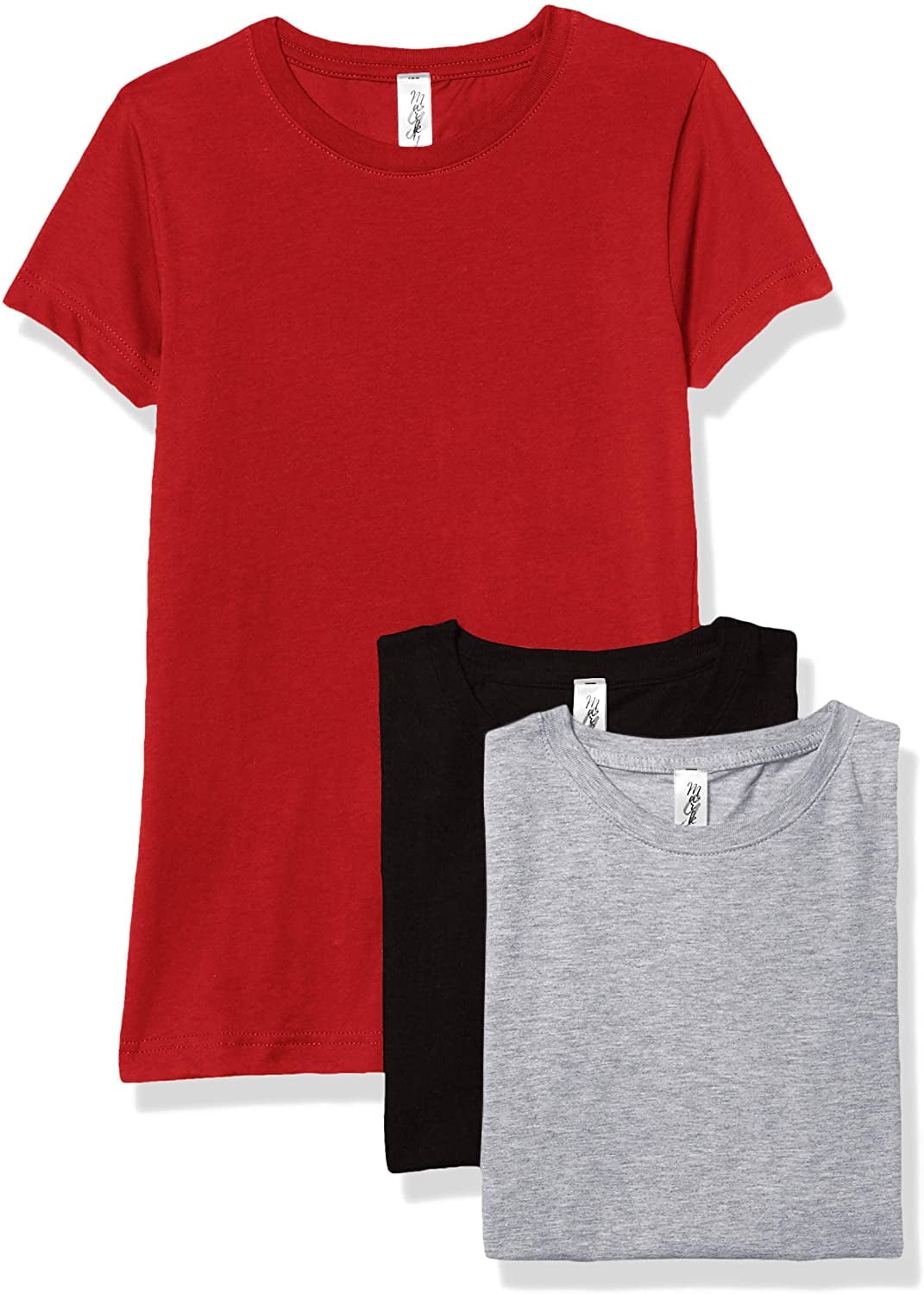 Marky G Apparel Girls' Short-Sleeve Crew Neck Slim-Fit T-Shirts 100% Cotton, S, Red/Black/Heather(Pack of 3)