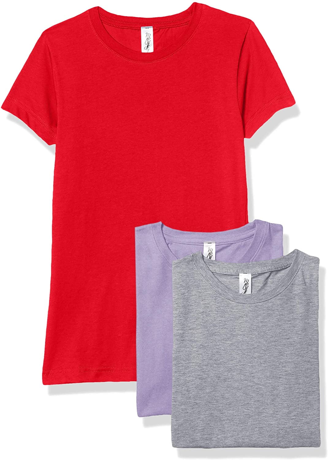 Marky G Apparel Girls' Short-Sleeve Crew Neck Slim-Fit T-Shirts 100% Cotton, S, Red/Lavender/Heather(Pack of 3)