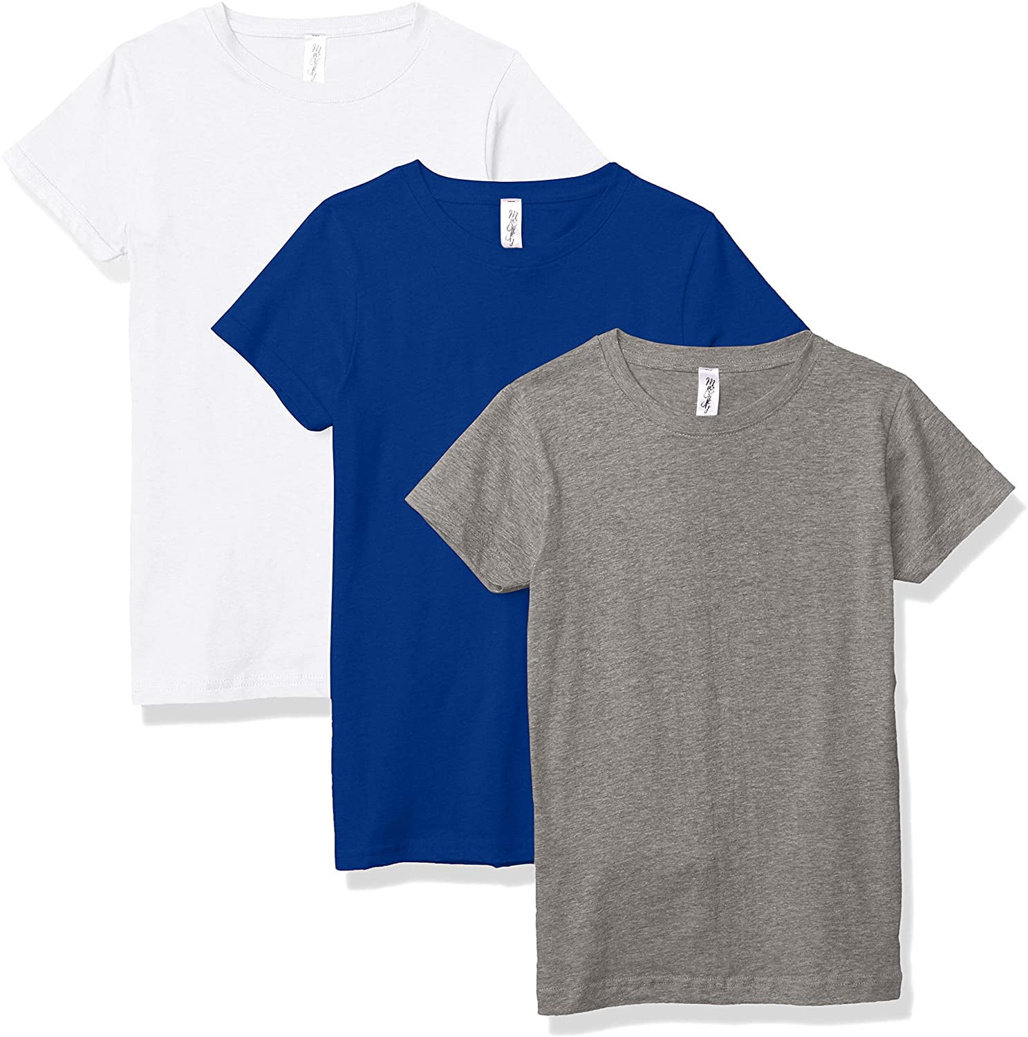 Marky G Apparel Girls' Short-Sleeve Crew Neck Slim-Fit T-Shirts 100% Cotton, S, White/Royal/Heather(Pack of 3)