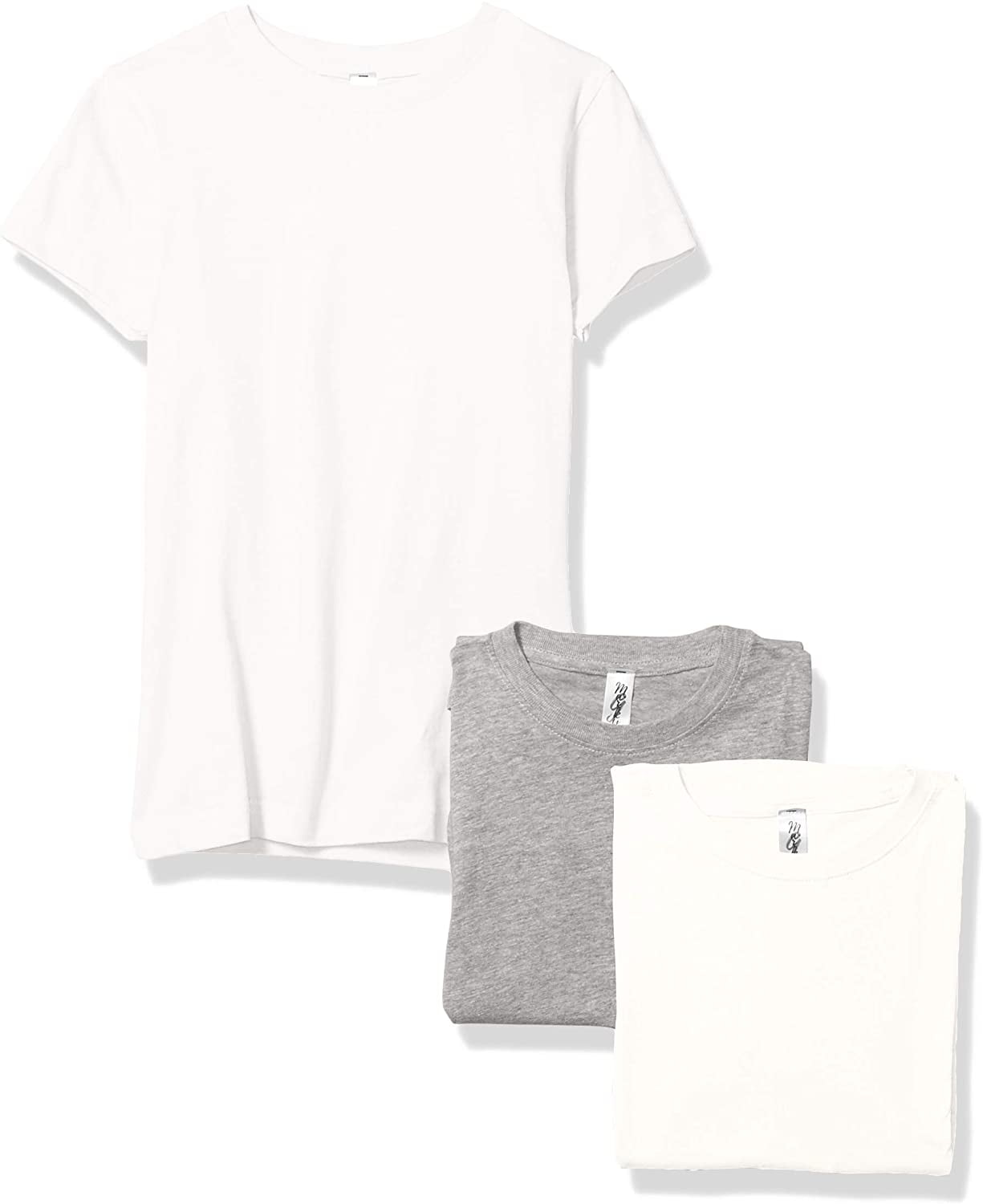 Marky G Apparel Girls' Short-Sleeve Crew Neck Slim-Fit T-Shirts 100% Cotton, S, White/White/Heather(Pack of 3)
