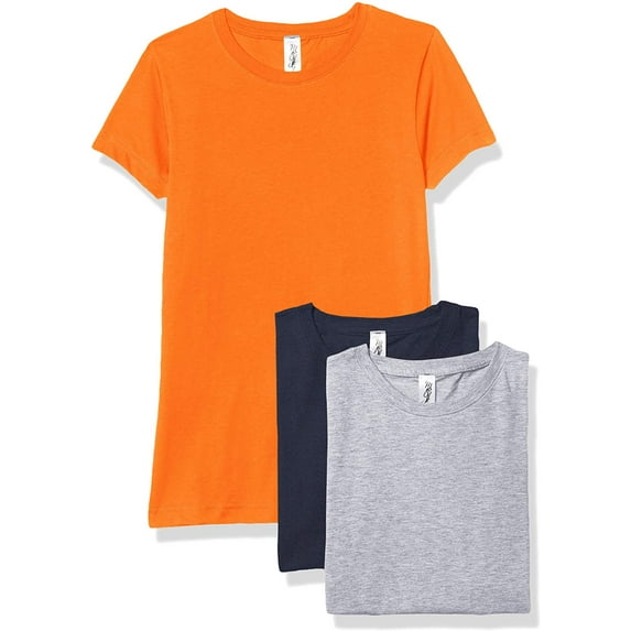 Marky G Apparel Girls' Short-Sleeve Crew Neck Slim-Fit T-Shirts 100% Cotton, XL, Navy/Orange/Heather(Pack of 3)