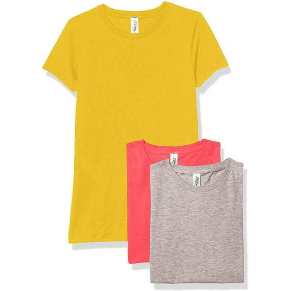 Marky G Apparel Girls' Short-Sleeve Crew Neck Slim-Fit T-Shirts 100% Cotton, XL, Yellow/Hot Pink/Heather(Pack of 3)