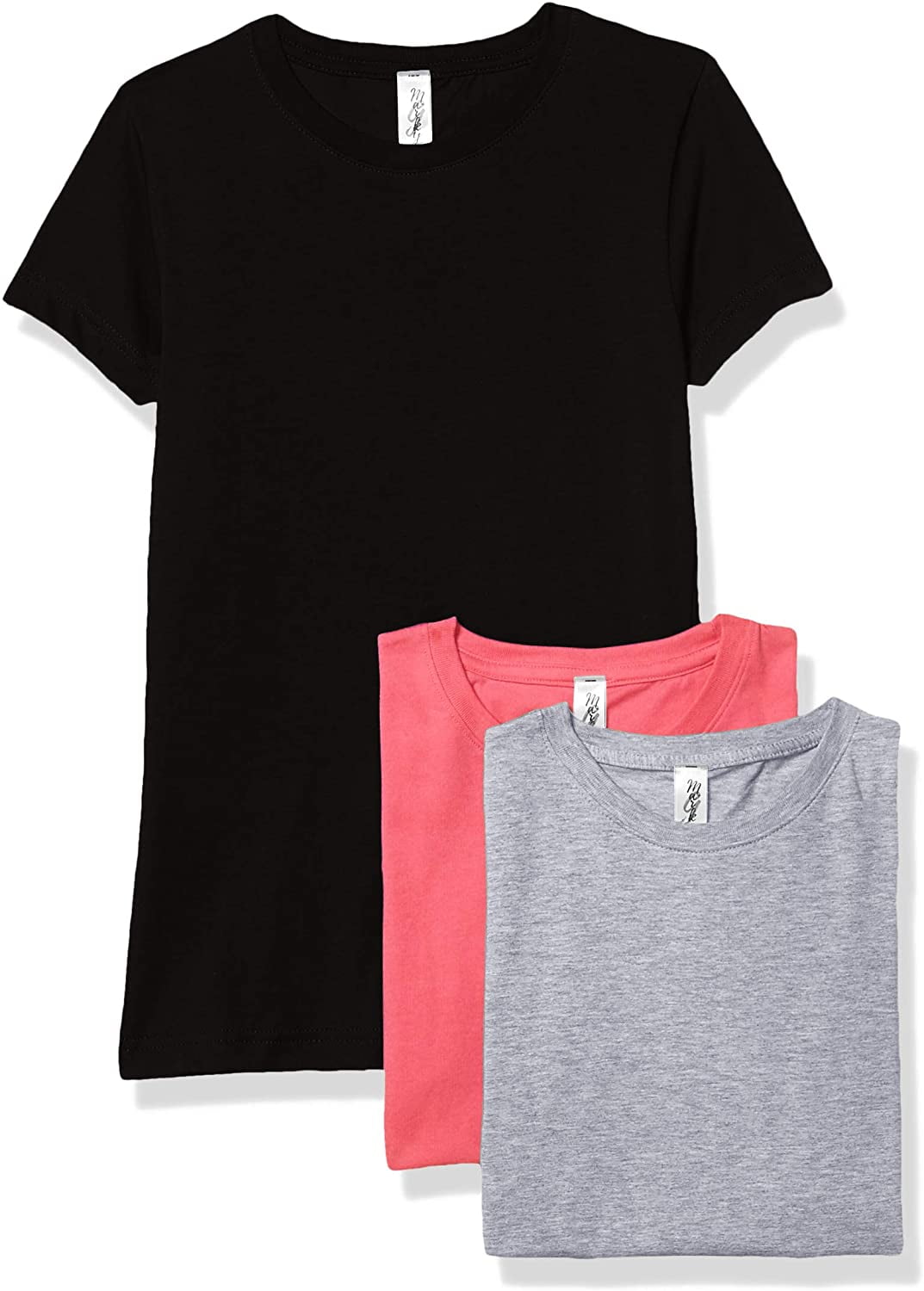 Marky G Apparel Girls' Short-Sleeve Crew Neck Slim-Fit T-Shirts 100% Cotton, XS, Black/Hot Pink/Heather(Pack of 3)