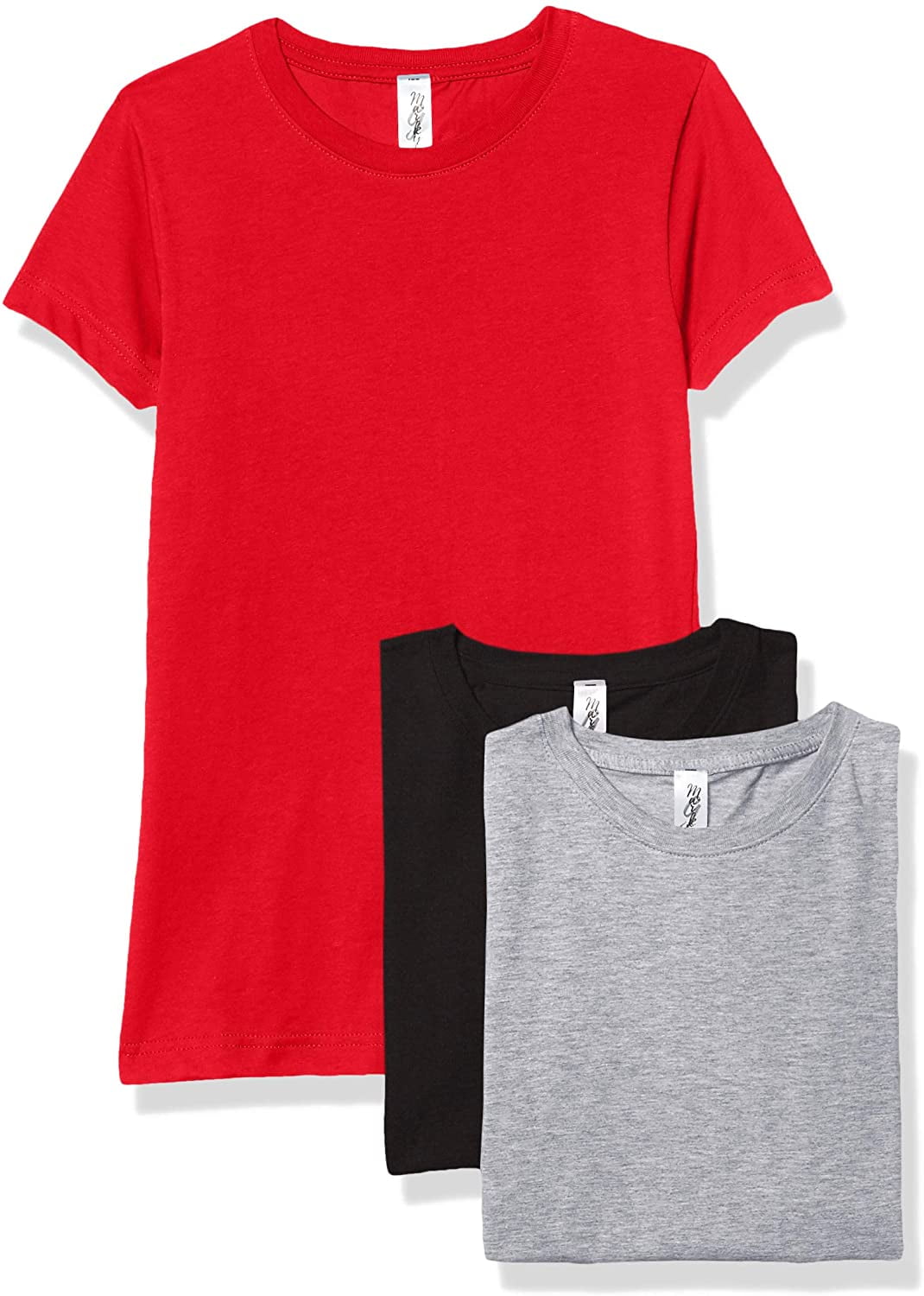 Marky G Apparel Girls' Short-Sleeve Crew Neck Slim-Fit T-Shirts 100% Cotton, XS, Black/Red/Heather(Pack of 3)