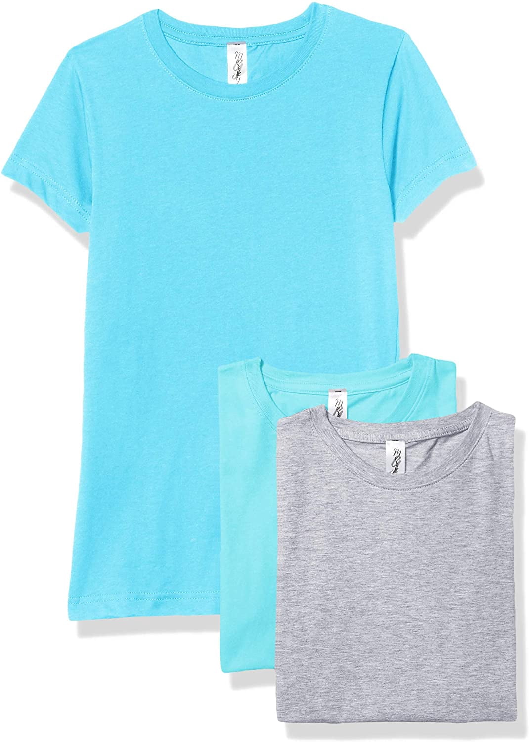 Marky G Apparel Girls' Short-Sleeve Crew Neck Slim-Fit T-Shirts 100% Cotton, XS, Caribbean/Aqua/Heather(Pack of 3)