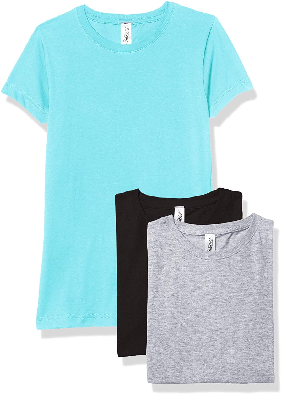 Marky G Apparel Girls' Short-Sleeve Crew Neck Slim-Fit T-Shirts 100% Cotton, XS, Caribbean/Black/Heather(Pack of 3)