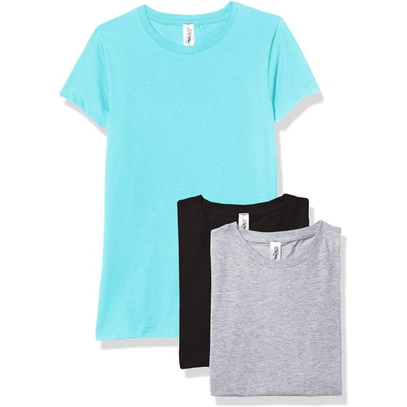 Marky G Apparel Girls' Short-Sleeve Crew Neck Slim-Fit T-Shirts 100% Cotton, XS, Caribbean/Black/Heather(Pack of 3)