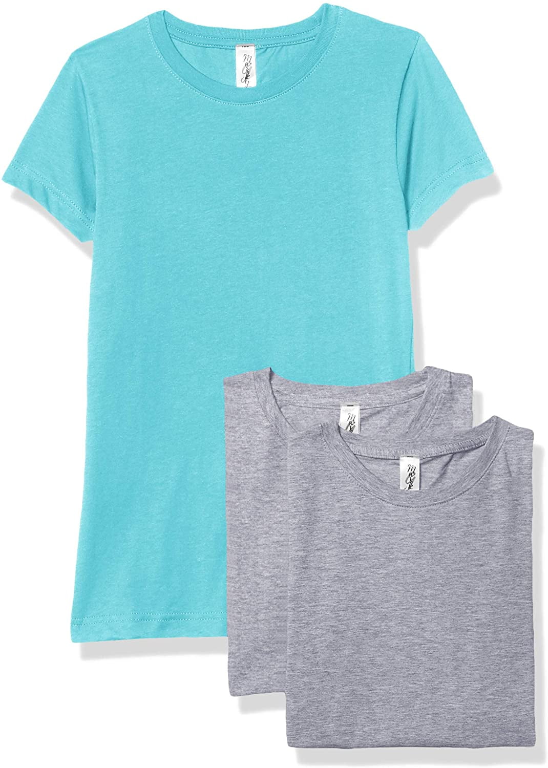 Marky G Apparel Girls' Short-Sleeve Crew Neck Slim-Fit T-Shirts 100% Cotton, XS, Caribbean/Heather/Heather(Pack of 3)