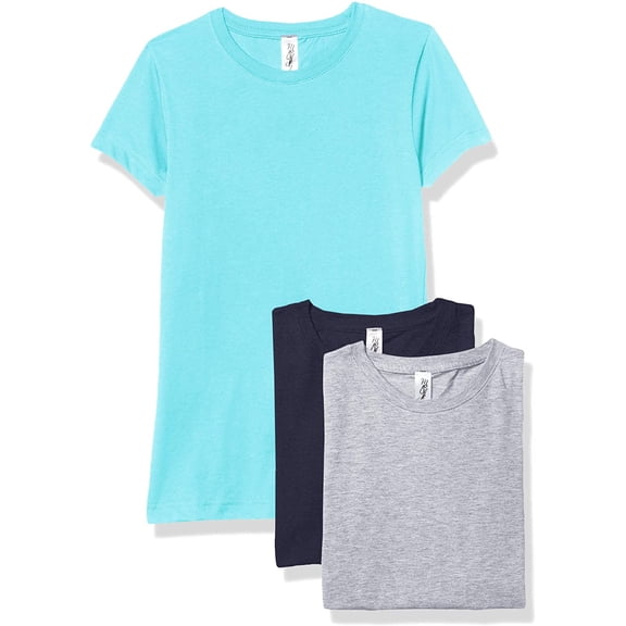 Marky G Apparel Girls' Short-Sleeve Crew Neck Slim-Fit T-Shirts 100% Cotton, XS, Caribbean/Navy/Heather(Pack of 3)