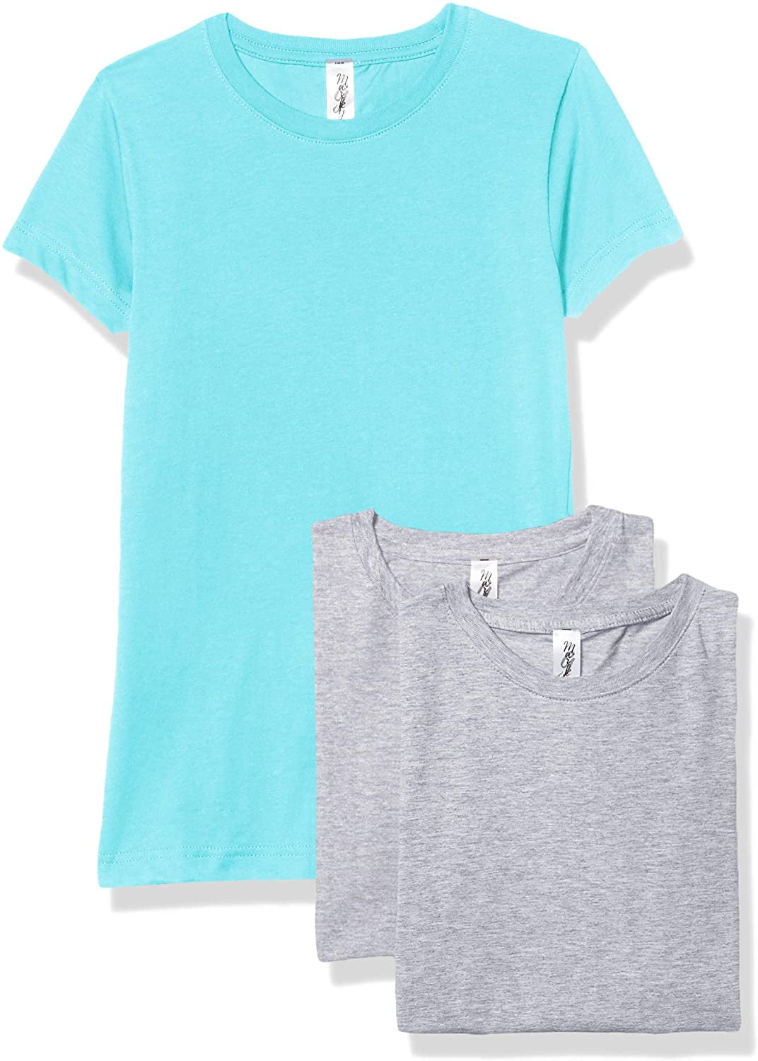 Marky G Apparel Girls' Short-Sleeve Crew Neck Slim-Fit T-Shirts 100% Cotton, XS, Heather/Caribbean/Heather(Pack of 3)