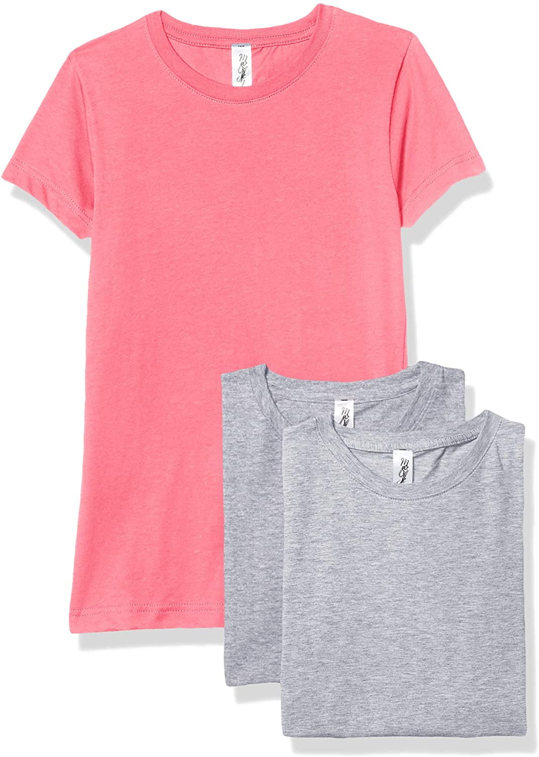 Marky G Apparel Girls' Short-Sleeve Crew Neck Slim-Fit T-Shirts 100% Cotton, XS, Hot Pink/Heather/Heather(Pack of 3)