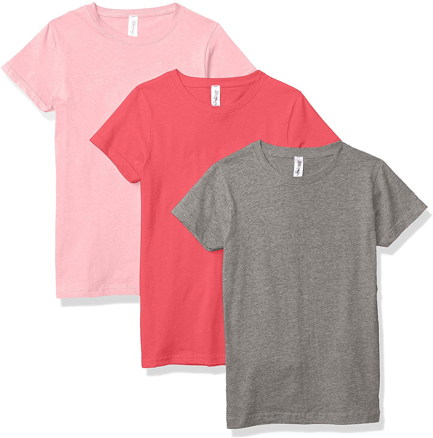 Marky G Apparel Girls' Short-Sleeve Crew Neck Slim-Fit T-Shirts 100% Cotton, XS, Hot Pink/Pink/Heather(Pack of 3)