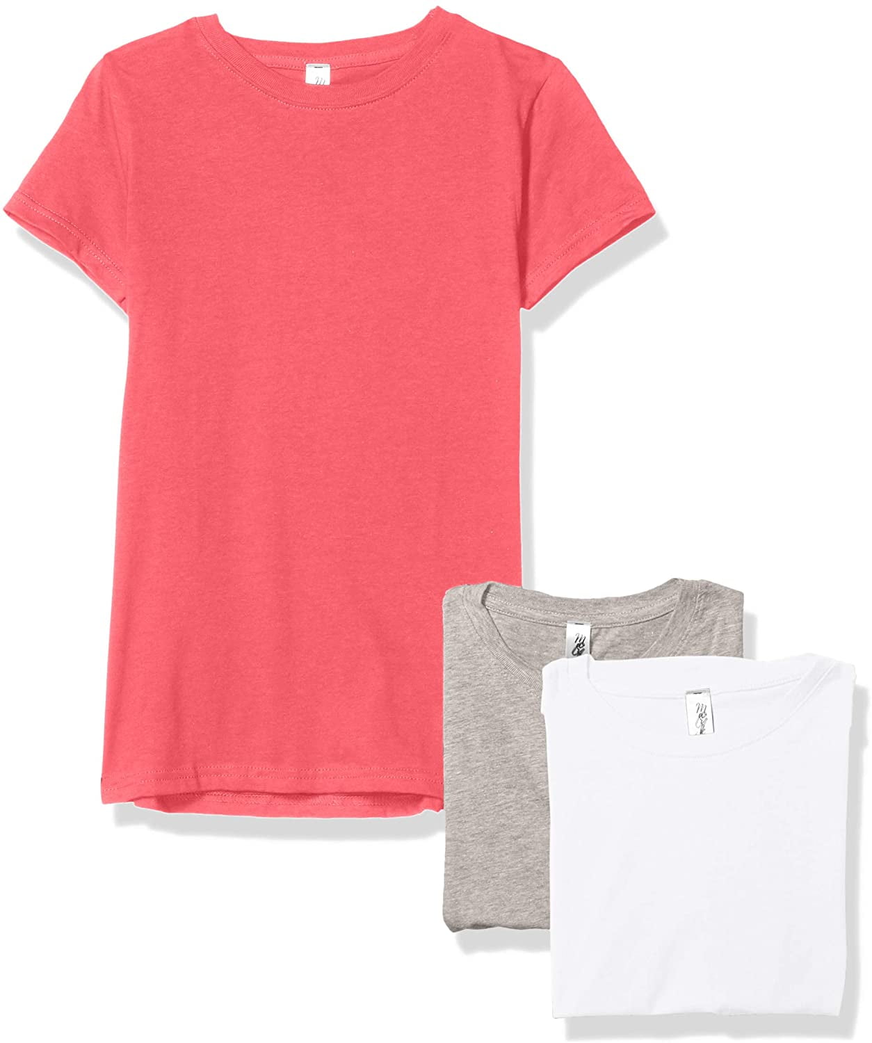 Marky G Apparel Girls' Short-Sleeve Crew Neck Slim-Fit T-Shirts 100% Cotton, XS, Hot Pink/White/Heather(Pack of 3)