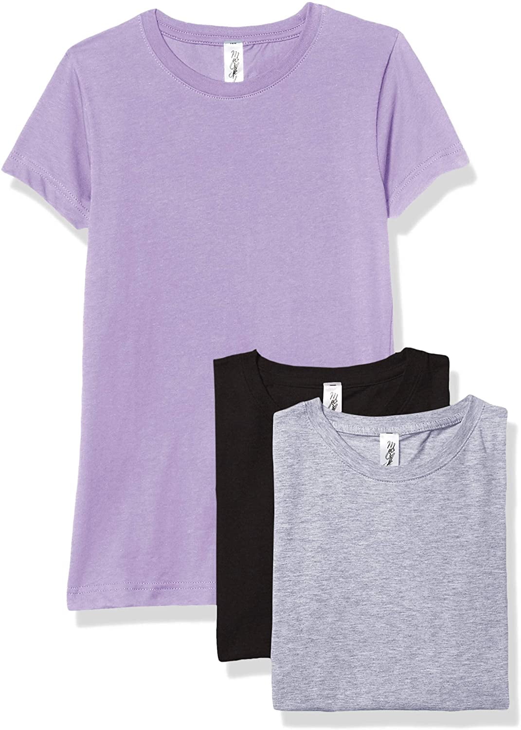 Marky G Apparel Girls' Short-Sleeve Crew Neck Slim-Fit T-Shirts 100% Cotton, XS, Lavender/Black/Heather(Pack of 3)
