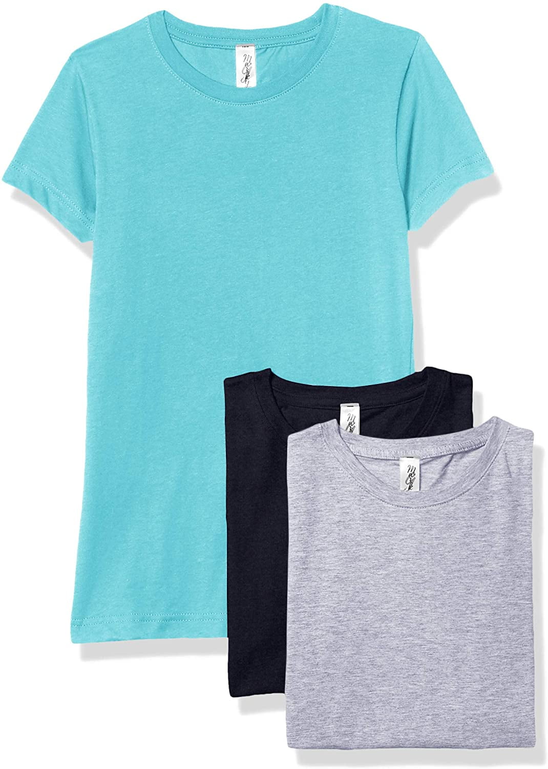 Marky G Apparel Girls' Short-Sleeve Crew Neck Slim-Fit T-Shirts 100% Cotton, XS, Navy/Caribbean/Heather(Pack of 3)