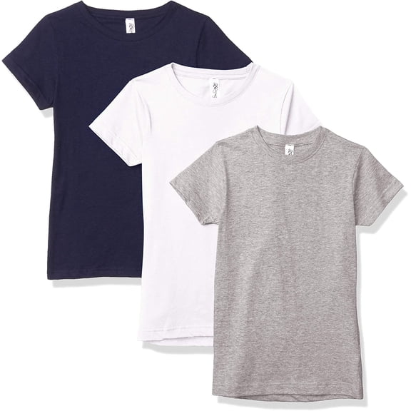 Marky G Apparel Girls' Short-Sleeve Crew Neck Slim-Fit T-Shirts 100% Cotton, XS, Navy/White/Heather(Pack of 3)
