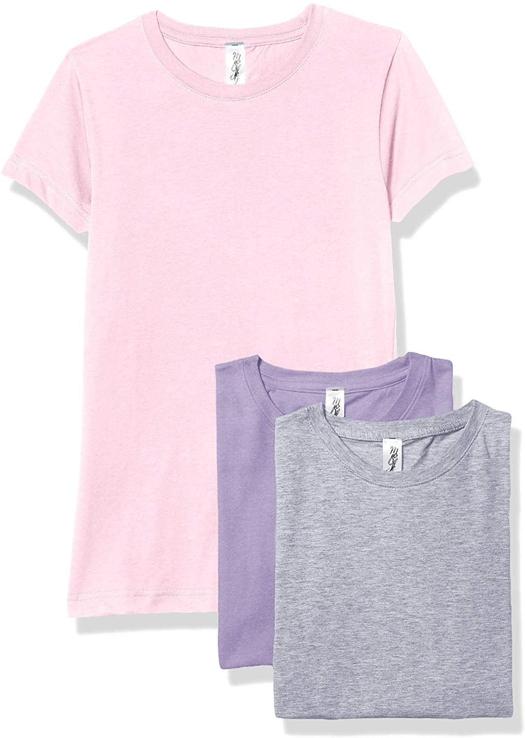 Marky G Apparel Girls' Short-Sleeve Crew Neck Slim-Fit T-Shirts 100% Cotton, XS, Pink/Lavender/Heather(Pack of 3)