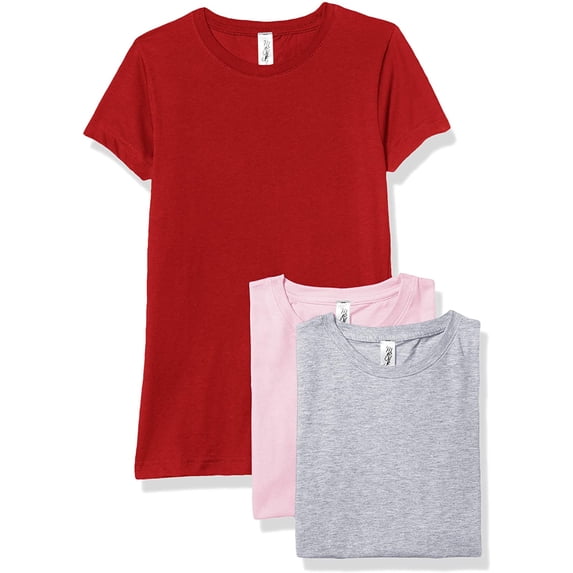 Marky G Apparel Girls' Short-Sleeve Crew Neck Slim-Fit T-Shirts 100% Cotton, XS, Pink/Red/Heather(Pack of 3)
