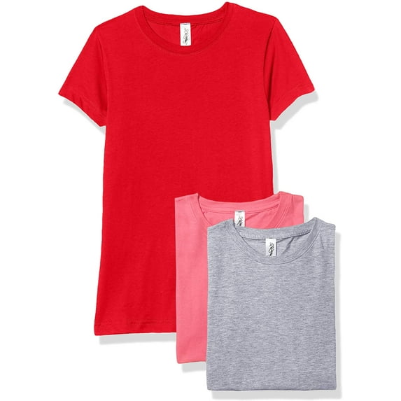 Marky G Apparel Girls' Short-Sleeve Crew Neck Slim-Fit T-Shirts 100% Cotton, XS, Red/Hot Pink/Heather(Pack of 3)