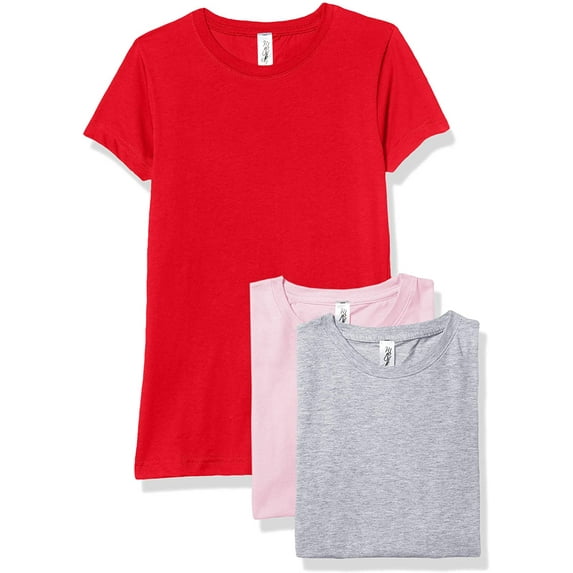 Marky G Apparel Girls' Short-Sleeve Crew Neck Slim-Fit T-Shirts 100% Cotton, XS, Red/Pink/Heather(Pack of 3)
