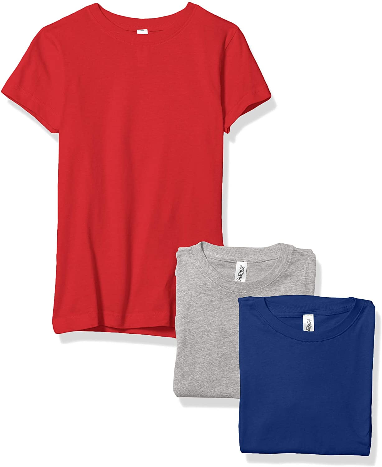 Marky G Apparel Girls' Short-Sleeve Crew Neck Slim-Fit T-Shirts 100% Cotton, XS, Red/Royal/Heather(Pack of 3)