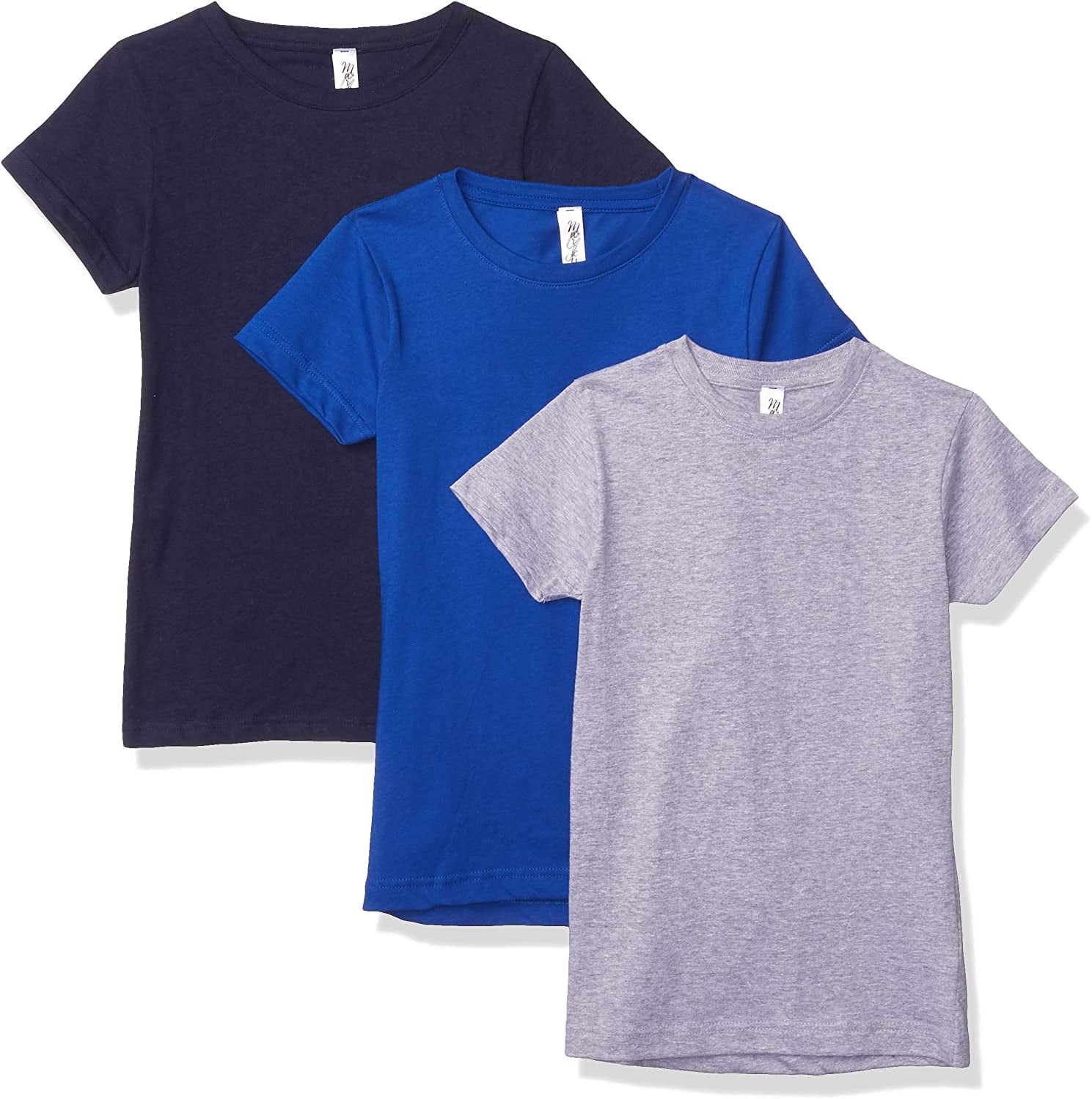 Marky G Apparel Girls' Short-Sleeve Crew Neck Slim-Fit T-Shirts 100% Cotton, XS, Royal/Navy/Heather(Pack of 3)