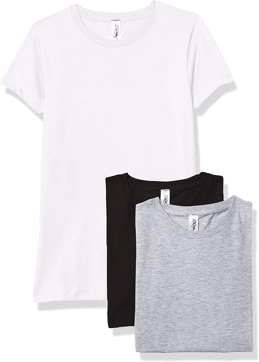 Marky G Apparel Girls' Short-Sleeve Crew Neck Slim-Fit T-Shirts 100% Cotton, XS, White/Black/Heather(Pack of 3)