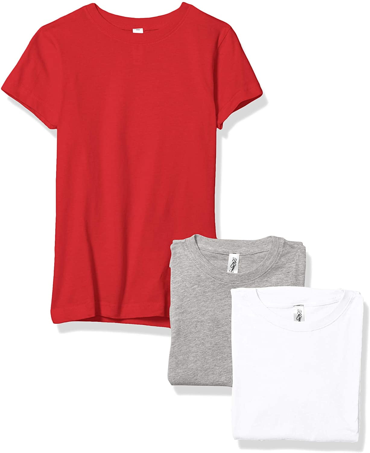Marky G Apparel Girls' Short-Sleeve Crew Neck Slim-Fit T-Shirts 100% Cotton, XS, White/Red/Heather(Pack of 3)