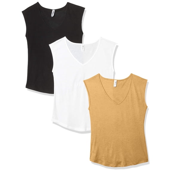 Marky G Apparel Women's Festival Sleeveless V-Neck T-Shirt (Pack of 3), Antique Gold/Black/White, Large