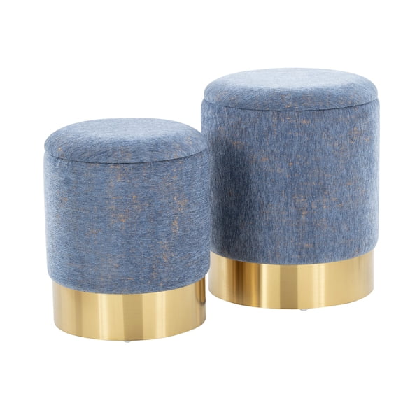 Marla Blue Fabric Nesting Ottoman Set with Gold Metal Base, Space Saving Storage