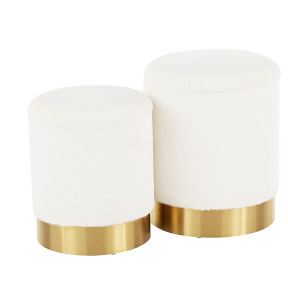 Marla Contemporary Cream Plush Fabric Nesting Ottoman Set with Gold Metal Base, Space Saving Seating and Storage