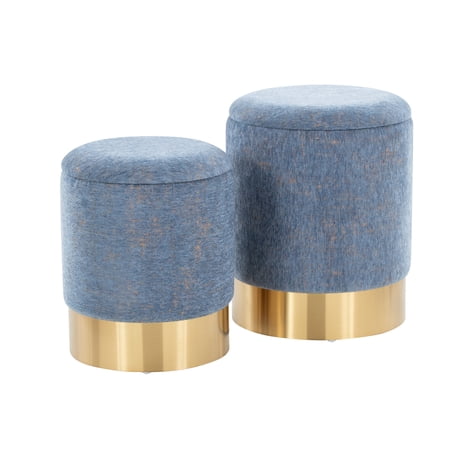 Marla Nesting Ottoman Set: Glamour & Comfort in Gold & Blue Fabric