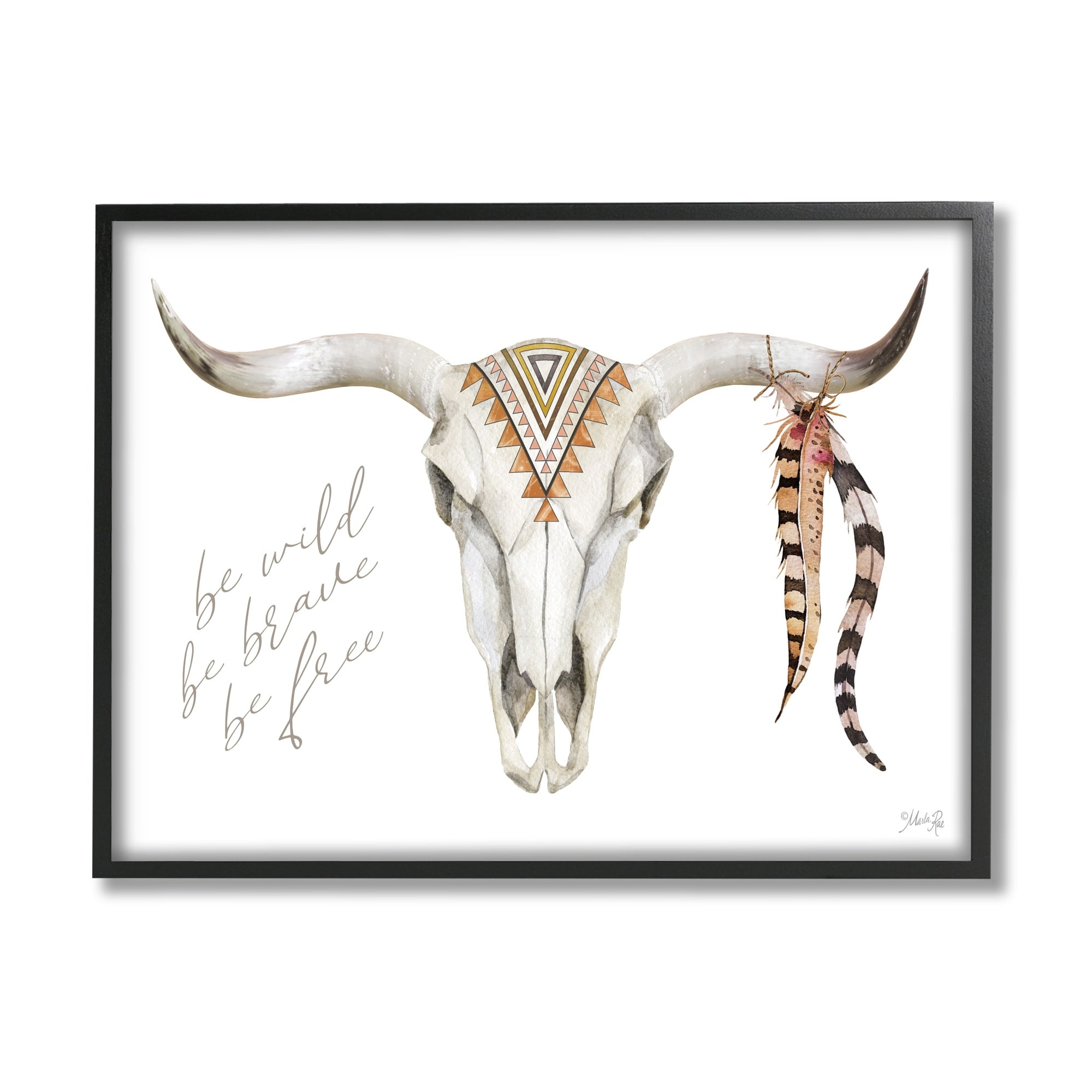 Marla Rae Be Wild Longhorn Boho Bull Geometric Feather Patterns 30 in x 24 in Framed Painting Art Print, by Stupell Home Décor