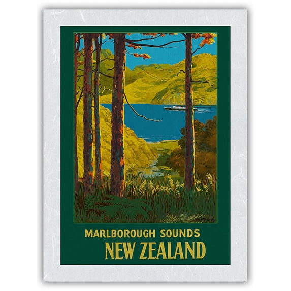 Marlborough Sounds - South Island New Zealand - Vintage Travel Poster by Leonard C. Mitchell c.1934 - Japanese Unryu Rice Paper Art Print (Unframed) 12 x 16 in