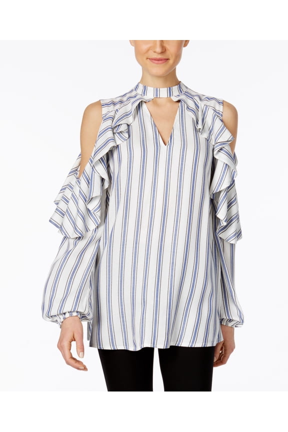 Marled Ruffled Cold Shoulder Blouse Navywhite Stripe M