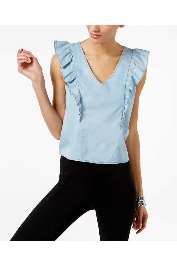 Marled Ruffled V Neck Top Light Chambray XL