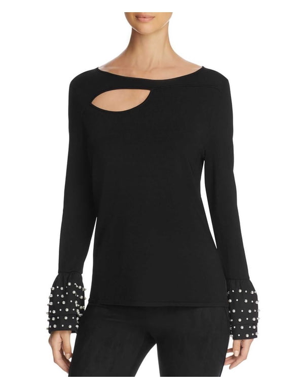Marled Womens Embellished Cutout Sweater (Black, L)