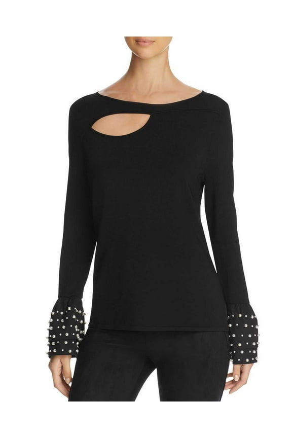 Marled Womens Embellished Cutout Sweater (Black, L)