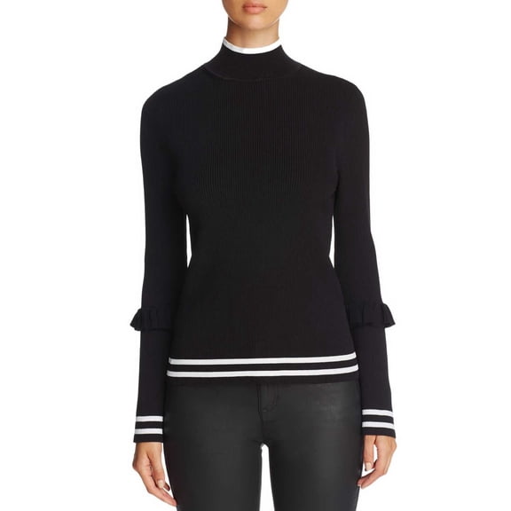 Marled Women's Track Stripe Ruffle Trim Sweaters, Black, Medium