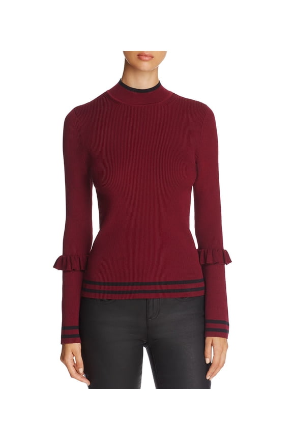 Marled Women's Track Stripe Ruffle Trim Sweaters, wine, Small