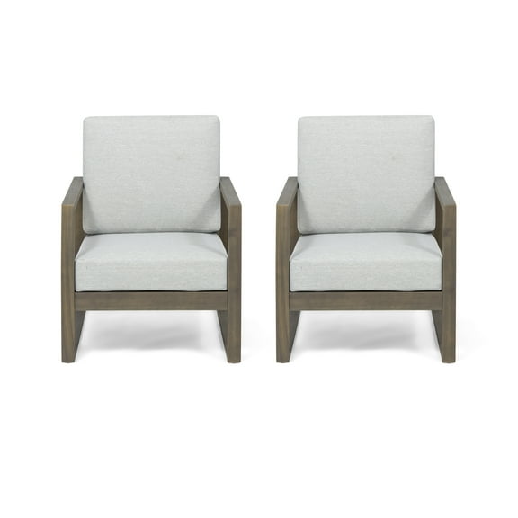 Marlee Outdoor Acacia Wood Club Chair with Cushions (Set of 2), Gray Finish and Light Gray