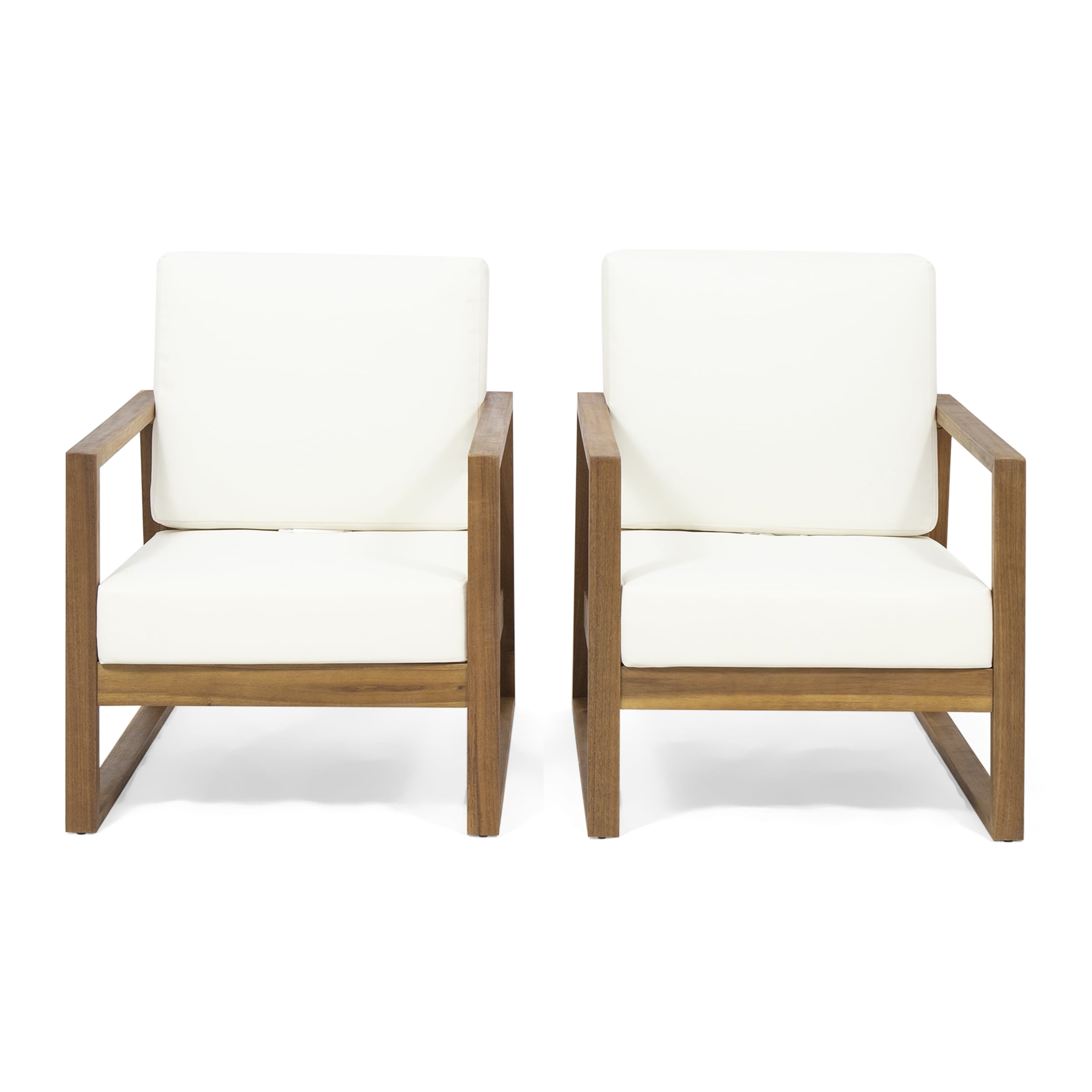 Beige Acacia Wood Outdoor Club Chairs with Cushions, Set of 2