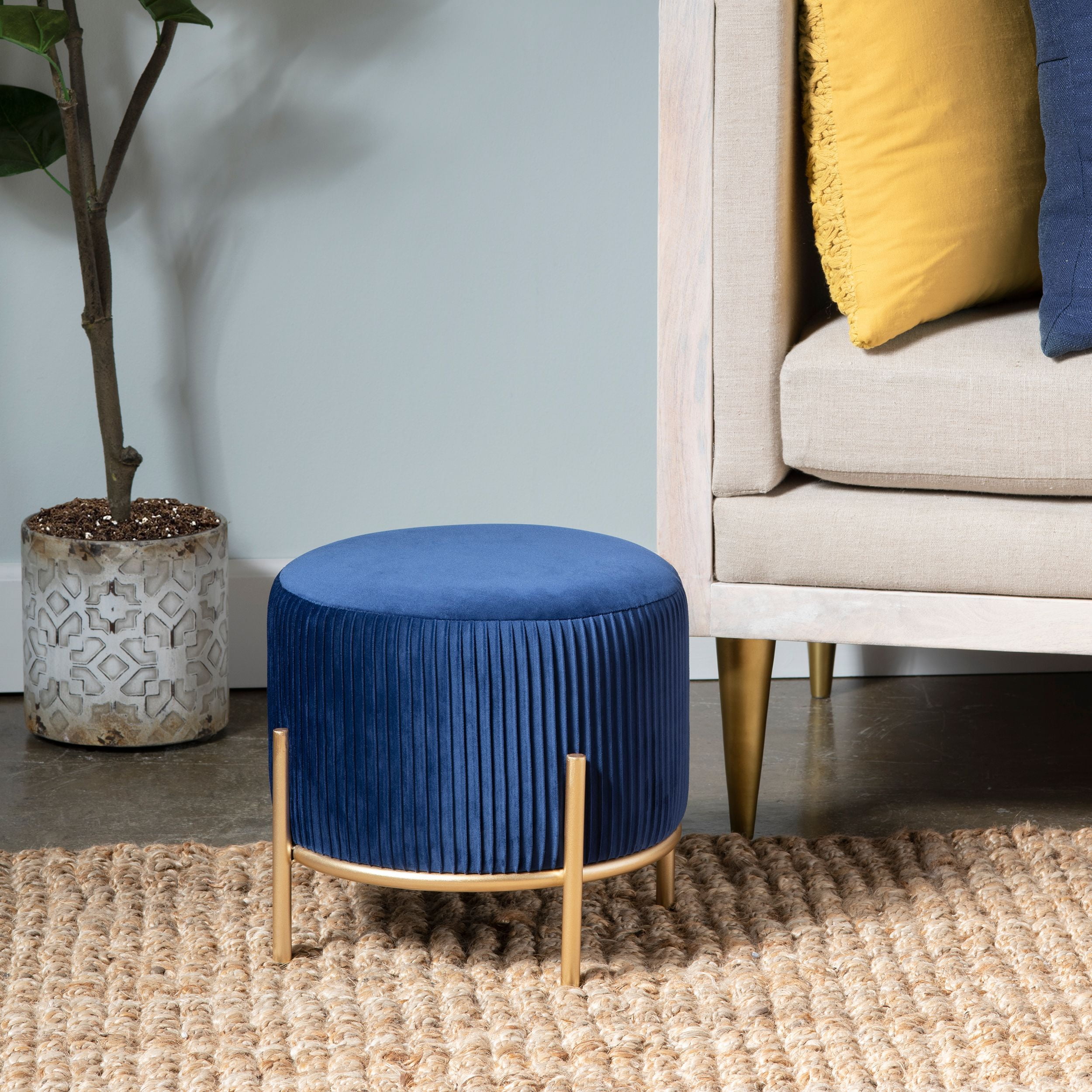 Navy Blue Velvet Round Stool with Gold Iron Legs