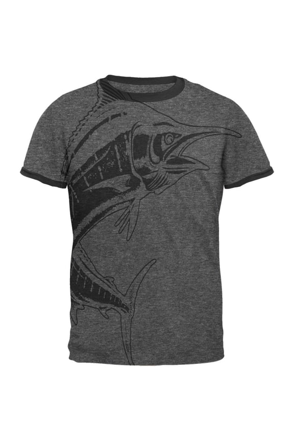 Marlin Deep Sea Predator Mens Ringer T Shirt Dark Heather-Black MD