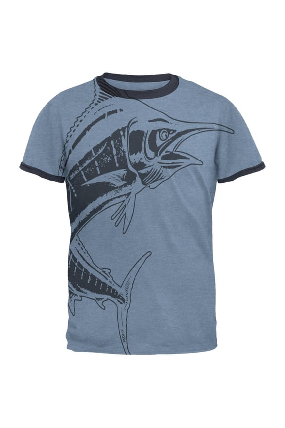 Marlin Deep Sea Predator Mens Ringer T Shirt Heather Blue-Navy SM